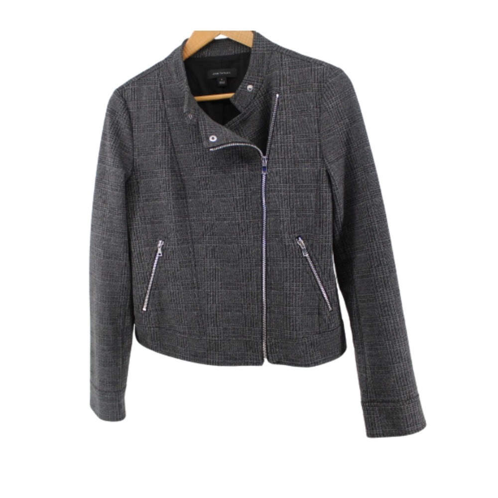 Ann Taylor Grey Plaid Zip‎ Up Jacket Blazer Women's Size 6 Lined Pockets Career